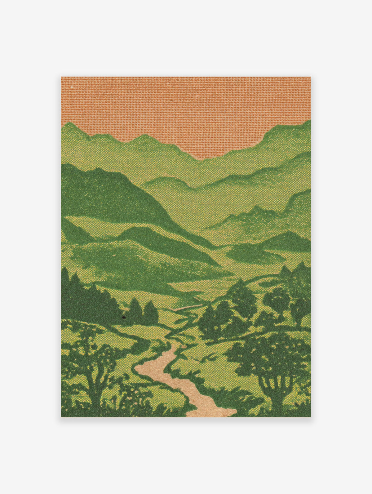 Green mountain landscape print with layered hills, winding river, and orange sky