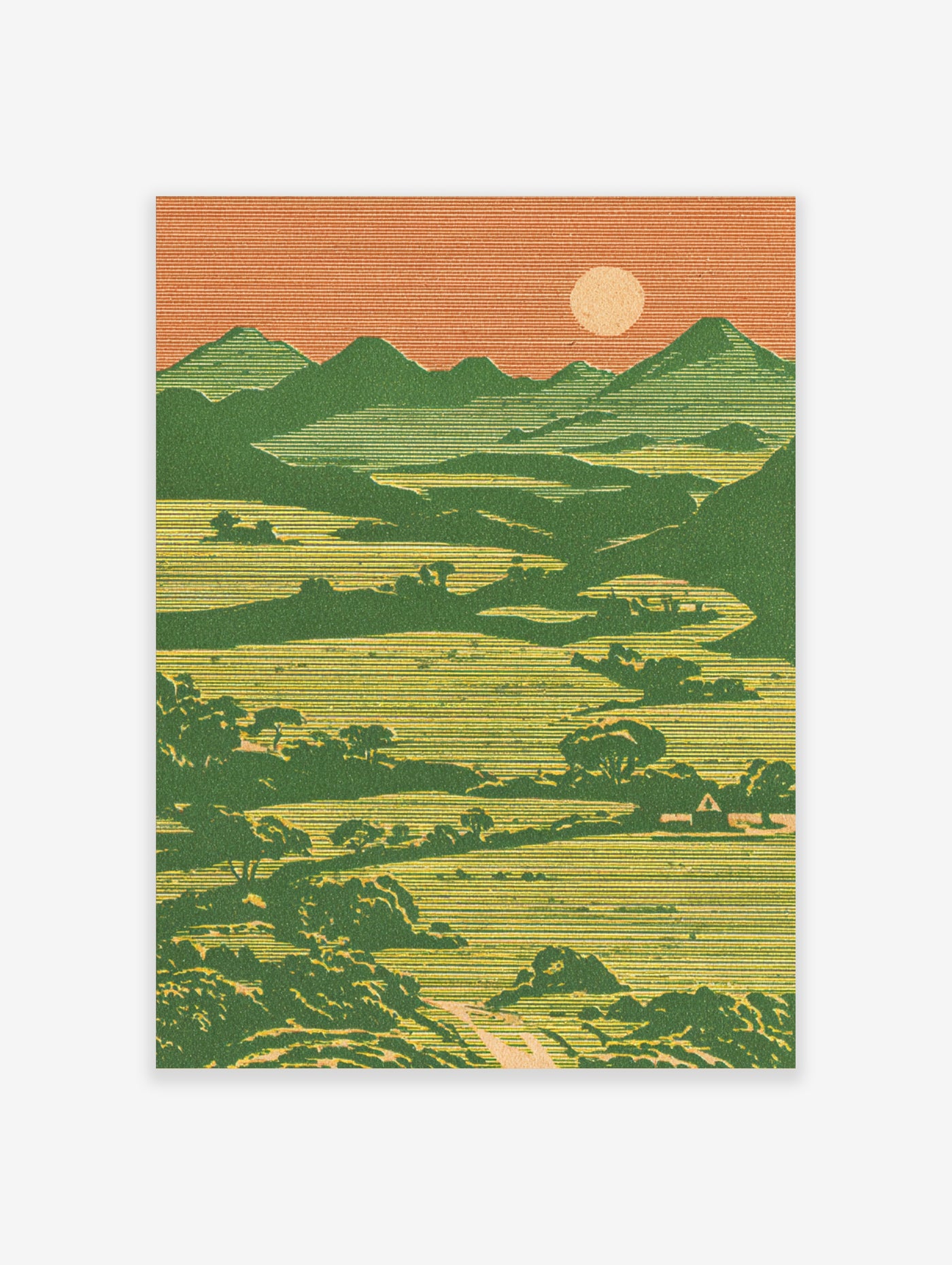 Green mountain landscape print with layered hills, sun, trees, and path in vintage style