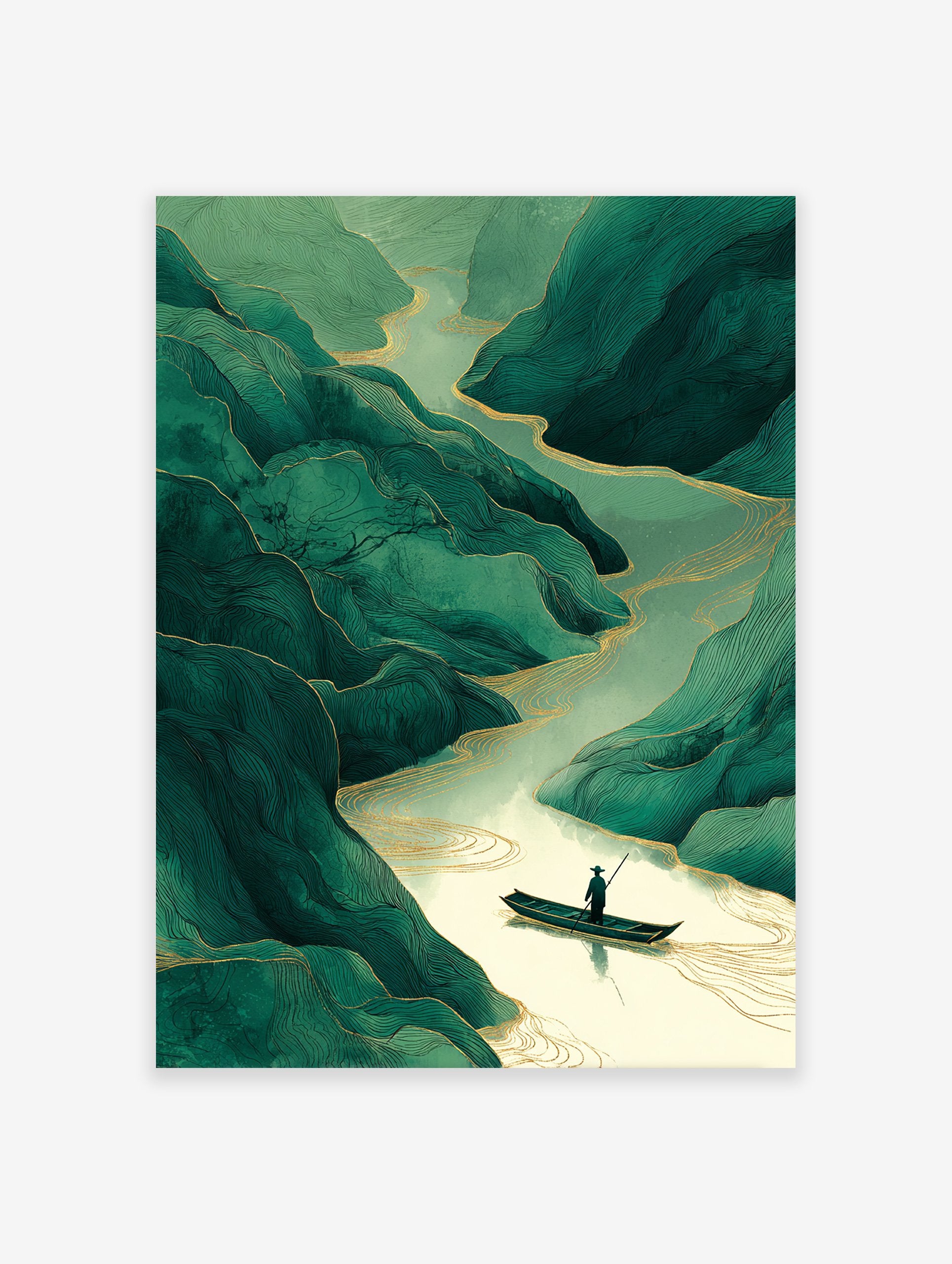 Stylized green mountains and river with a person in a boat, featuring gold line accents in an Asian art style.