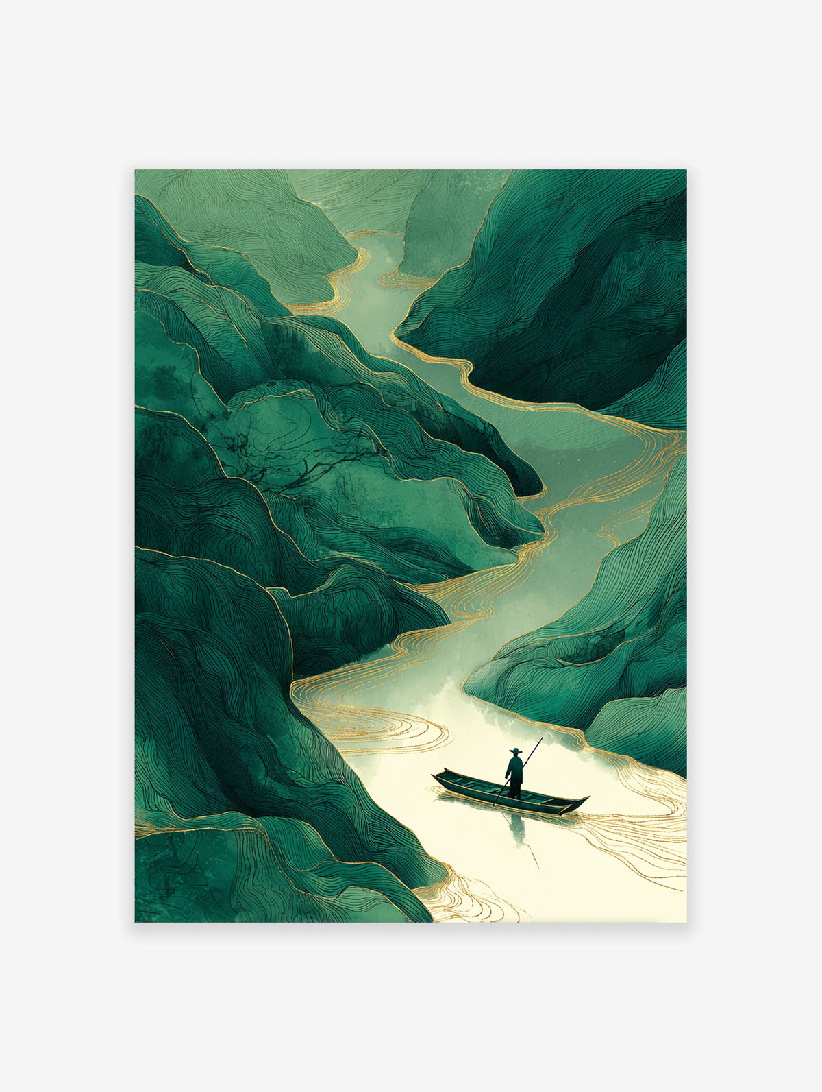 Stylized green mountains and river with a person in a boat, featuring gold line accents in an Asian art style.