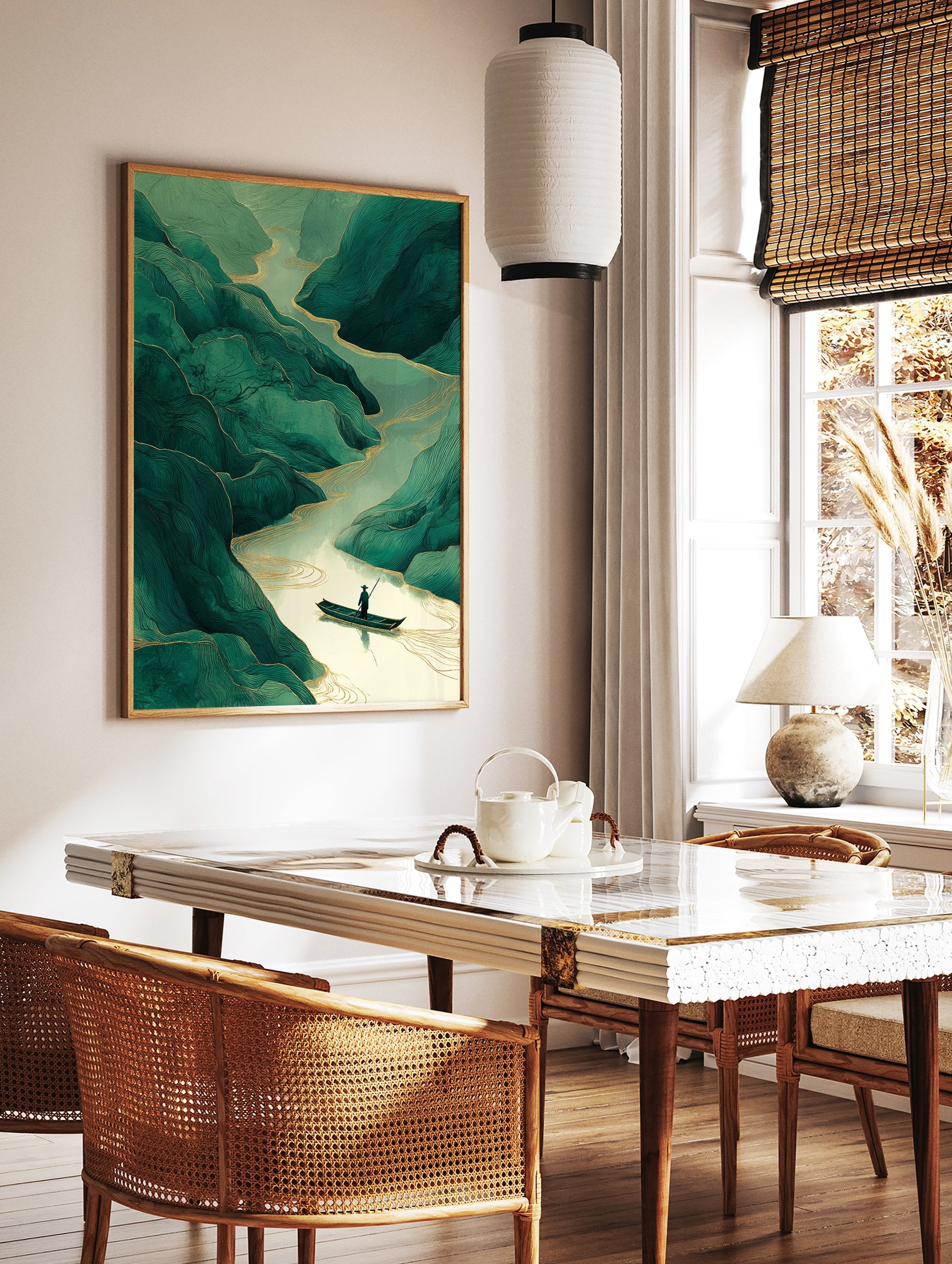 Stylized green mountains and river with a person in a boat, featuring gold line accents in an Asian art style. - Image 3