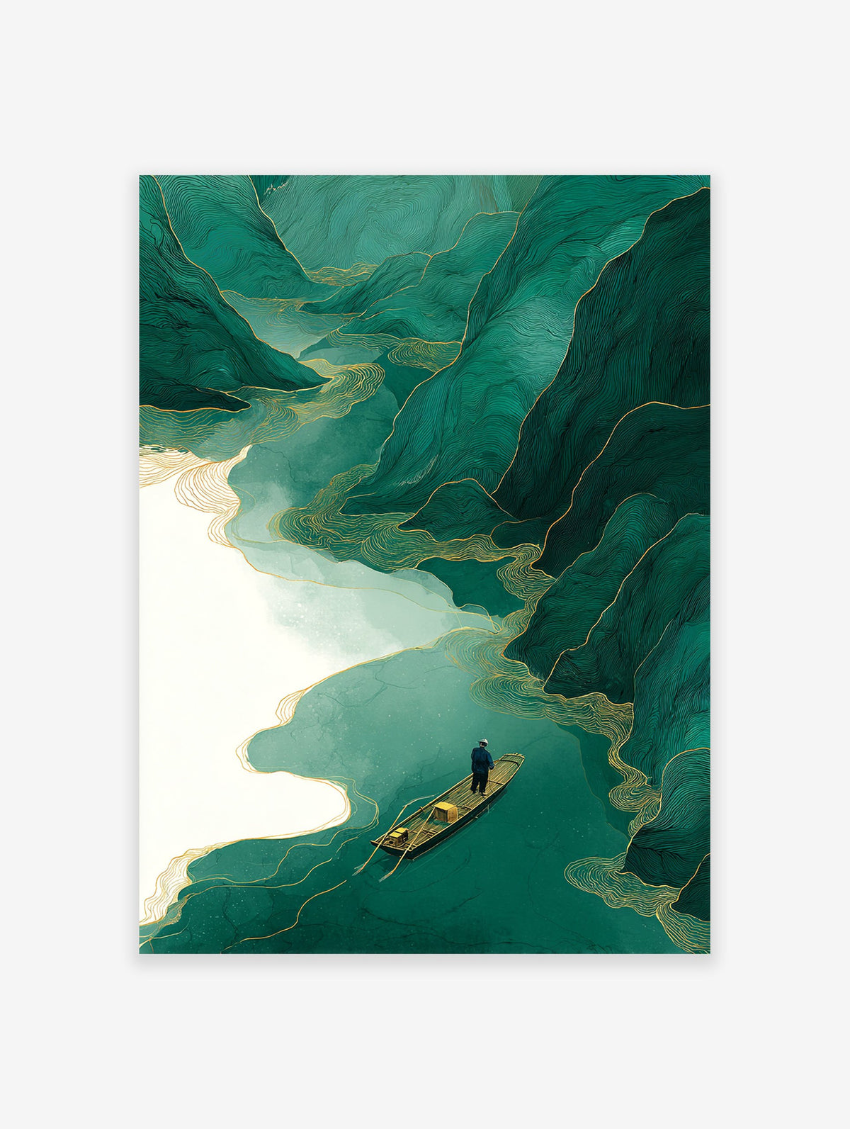 Green mountain landscape wall art with a golden river and a small boat carrying a person, in a stylized Asian art print.