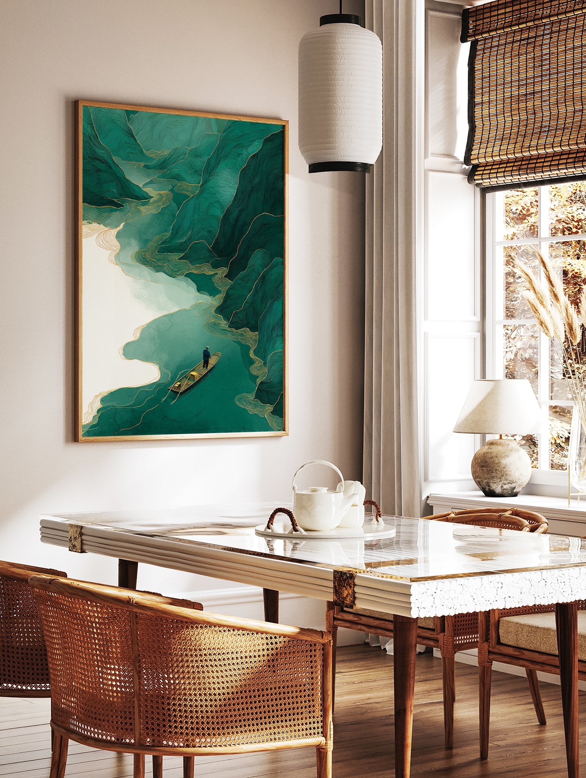 Green mountain landscape wall art with a golden river and a small boat carrying a person, in a stylized Asian art print. - Image 3