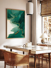 Green mountain landscape wall art with a golden river and a small boat carrying a person, in a stylized Asian art print. - Image 3