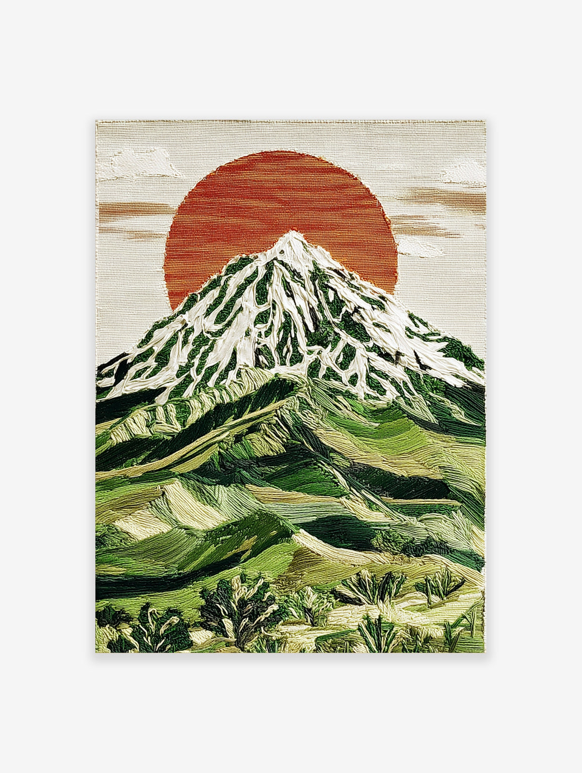 Textured mountain landscape print with snow-capped peak, red sun, and green hills