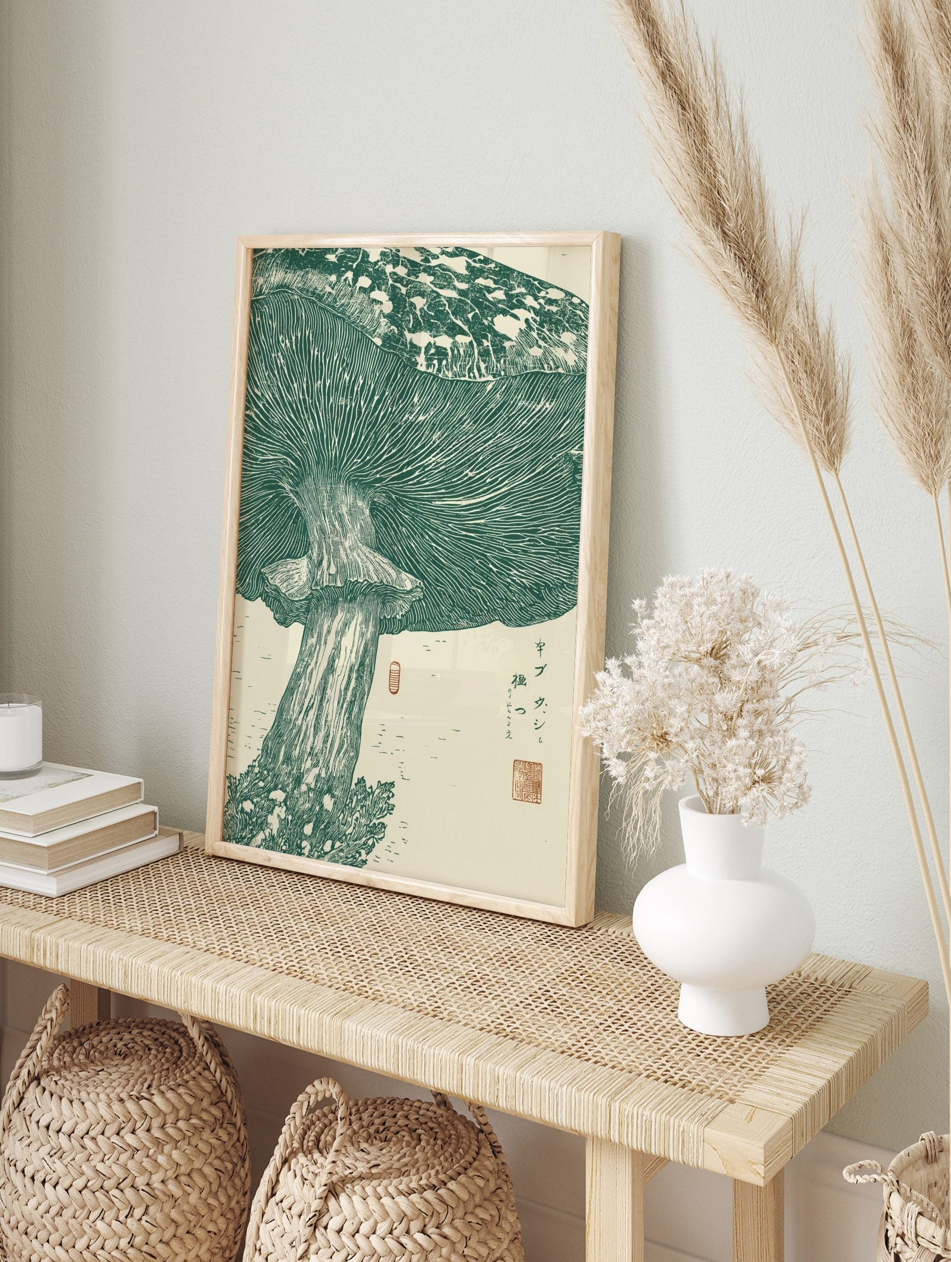 Green mushroom botanical illustration art print, showing gills, stem, and Japanese text on, in an alternate framed mockup