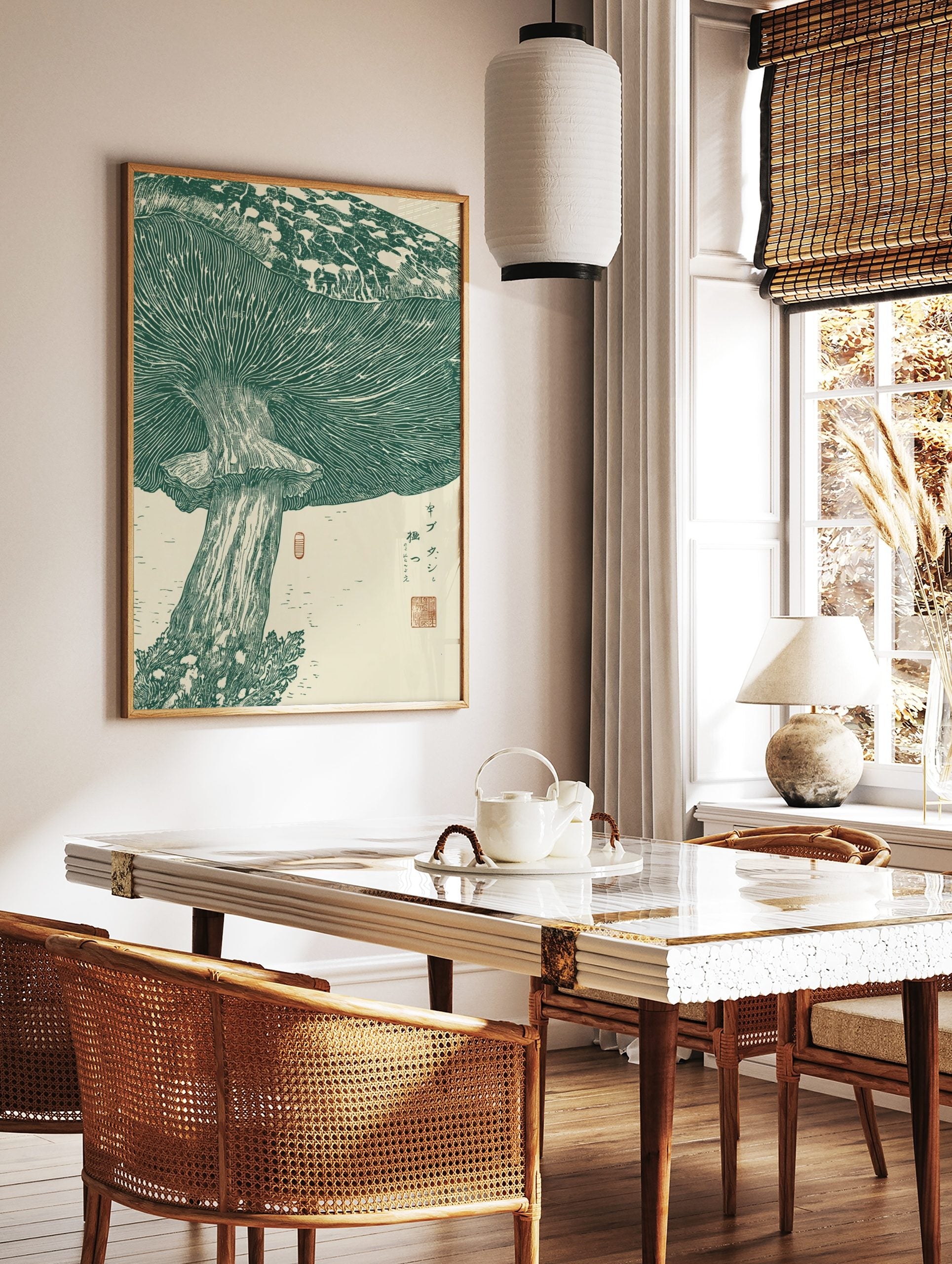 Green mushroom botanical illustration art print, showing gills, stem, and Japanese text on light, in a styled room mockup