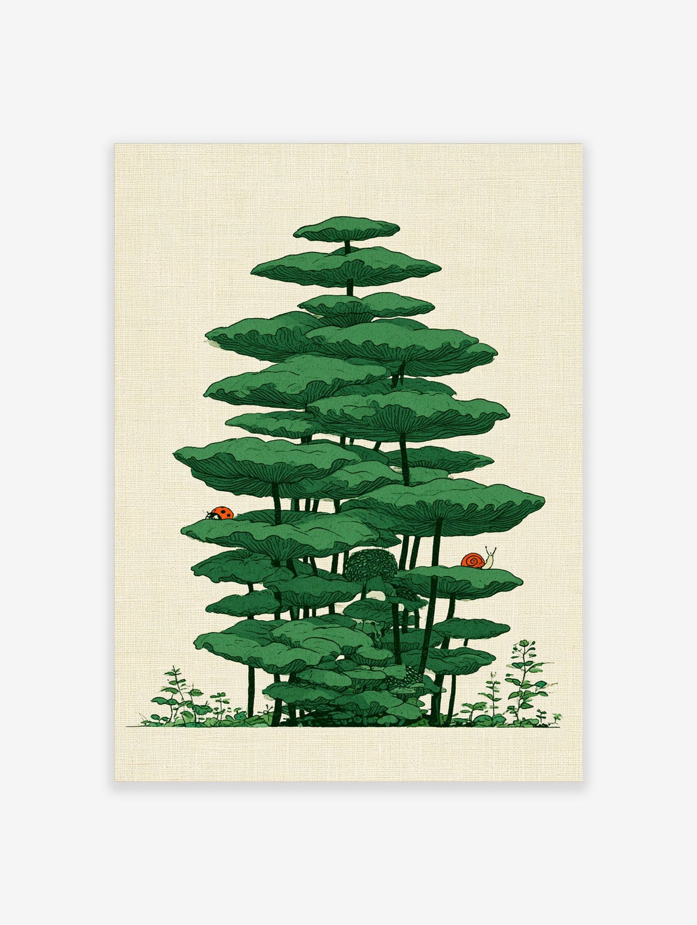Green mushroom tower illustration with ladybird and snail on beige background