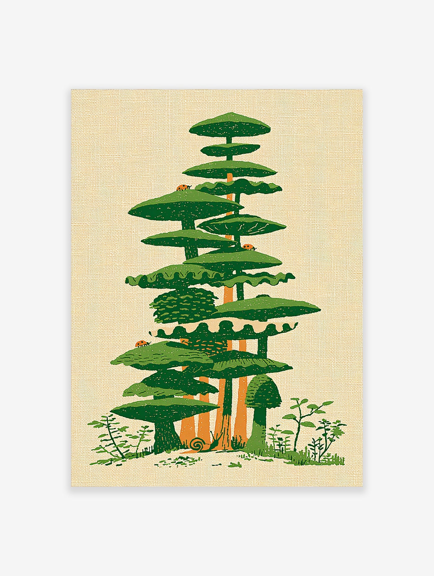 Green mushroom stack wall art with ladybirds and snail on beige background