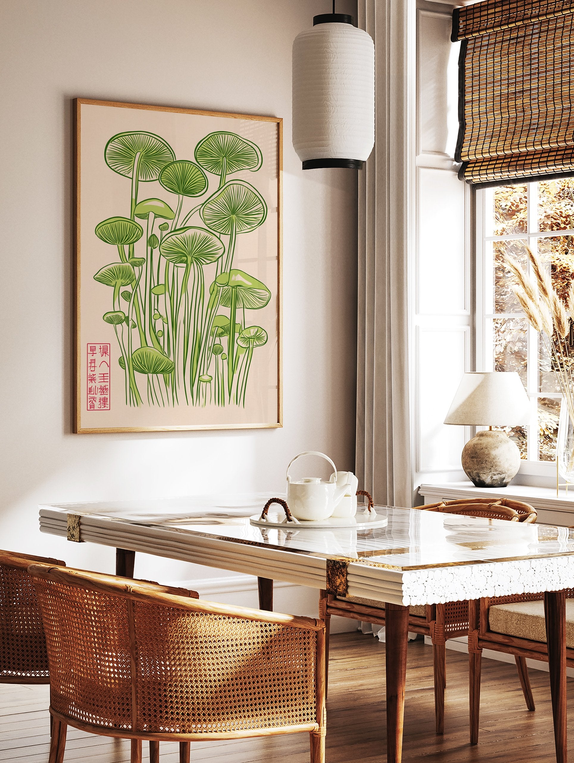 Green mushroom illustration poster with Japanese characters on a light background, featuring tall fungi. - Image 2