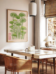 Green mushroom illustration poster with Japanese characters on a light background, featuring tall fungi. - Image 2