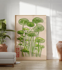 Green mushroom illustration poster with Japanese characters on a light background, featuring tall fungi. - Image 3