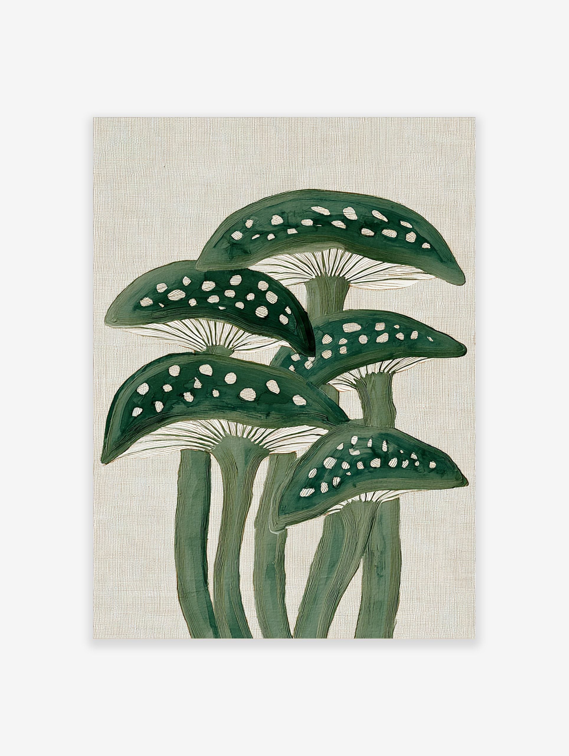 Illustrative green mushrooms with white spots and gills on a textured beige background, vertical composition