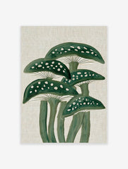 Illustrative green mushrooms with white spots and gills on a textured beige background, vertical composition