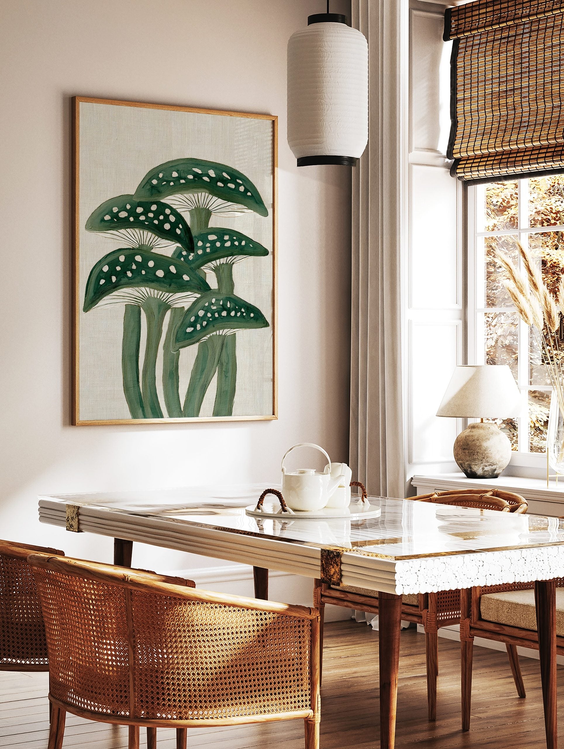 Illustrative green mushrooms with white spots and gills on a textured beige background, vertical, in a styled room mockup
