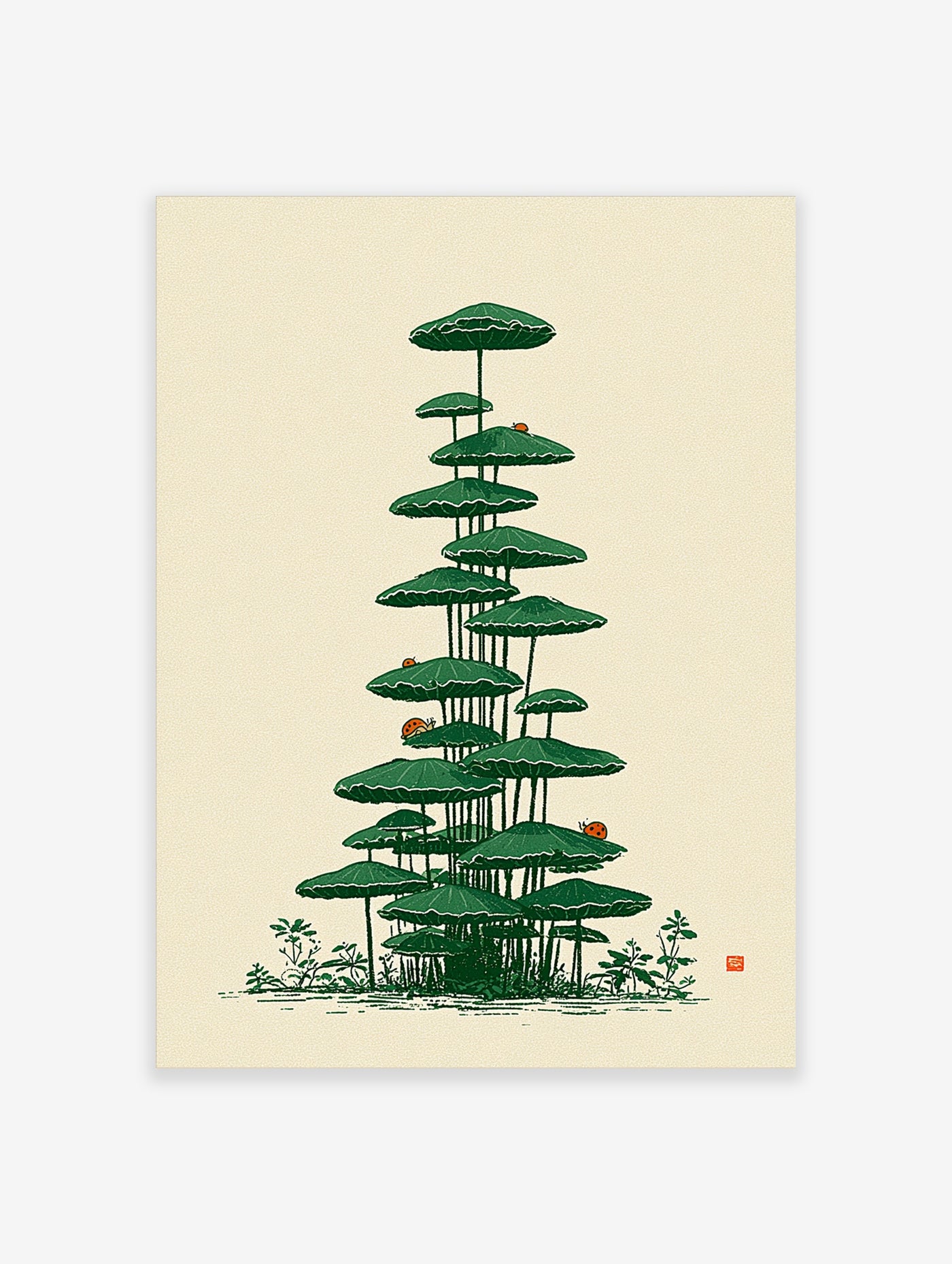 Green mushroom stack illustration with ladybirds and plants, unframed paper print