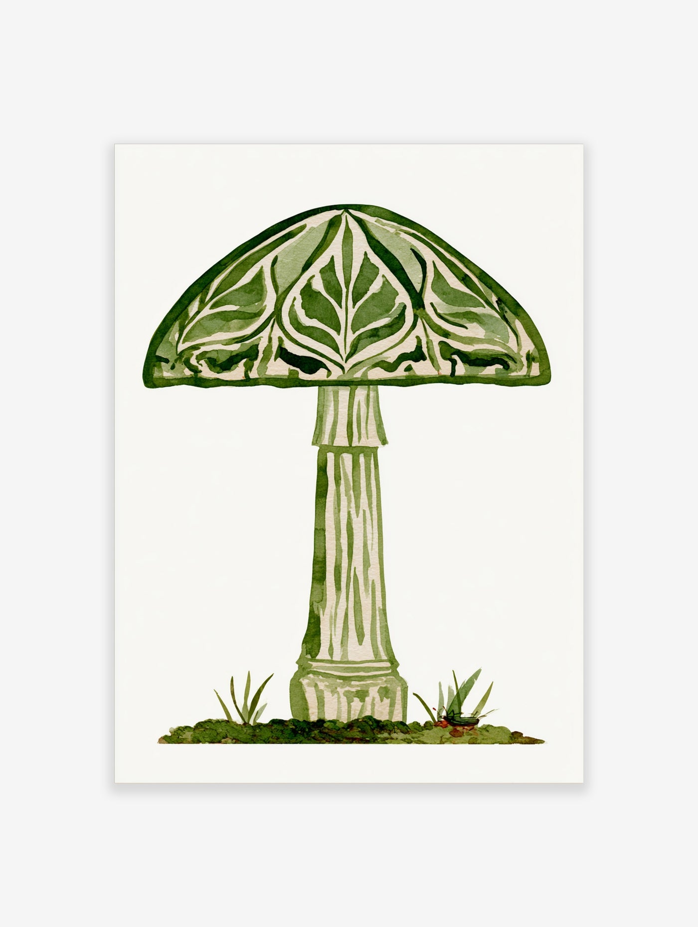 Green mushroom watercolour art print with leaf-patterned cap and column stem on white background