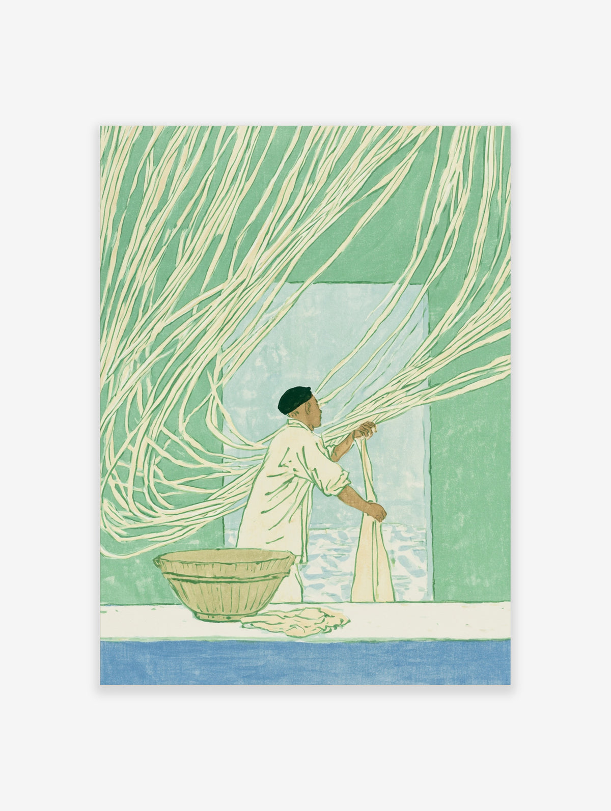 Green Japanese noodle making poster showing a figure pulling dough strands beside a bowl