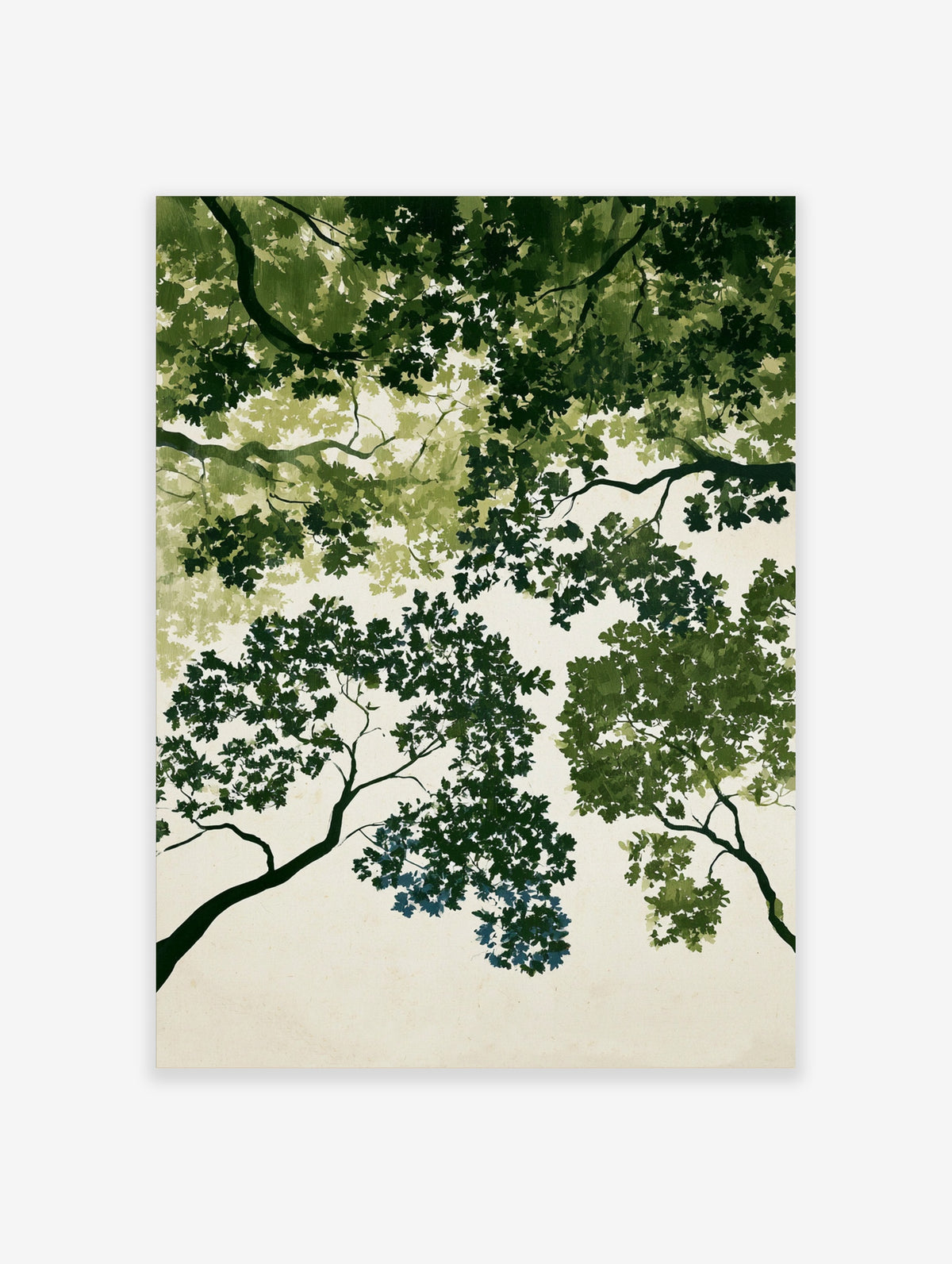 Green oak tree canopy wall art with layered leaves and dark branches on a cream background