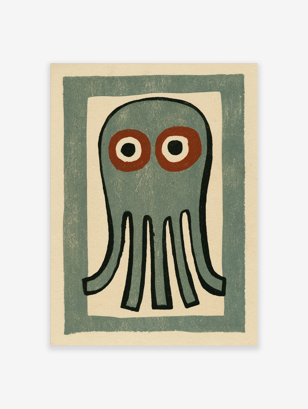 Green octopus art print with red-ringed eyes and four tentacles on a cream background