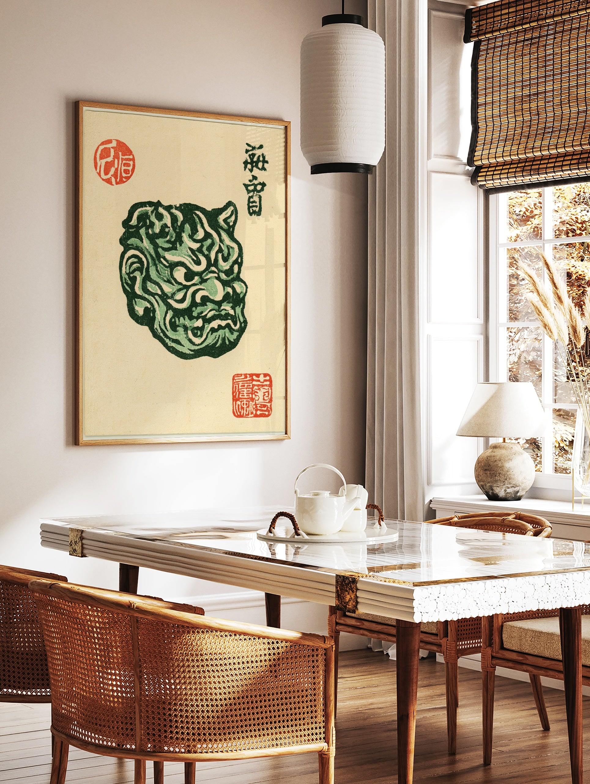Detailed green Japanese Oni mask illustration with red artist stamps on a light beige background, in a styled room mockup