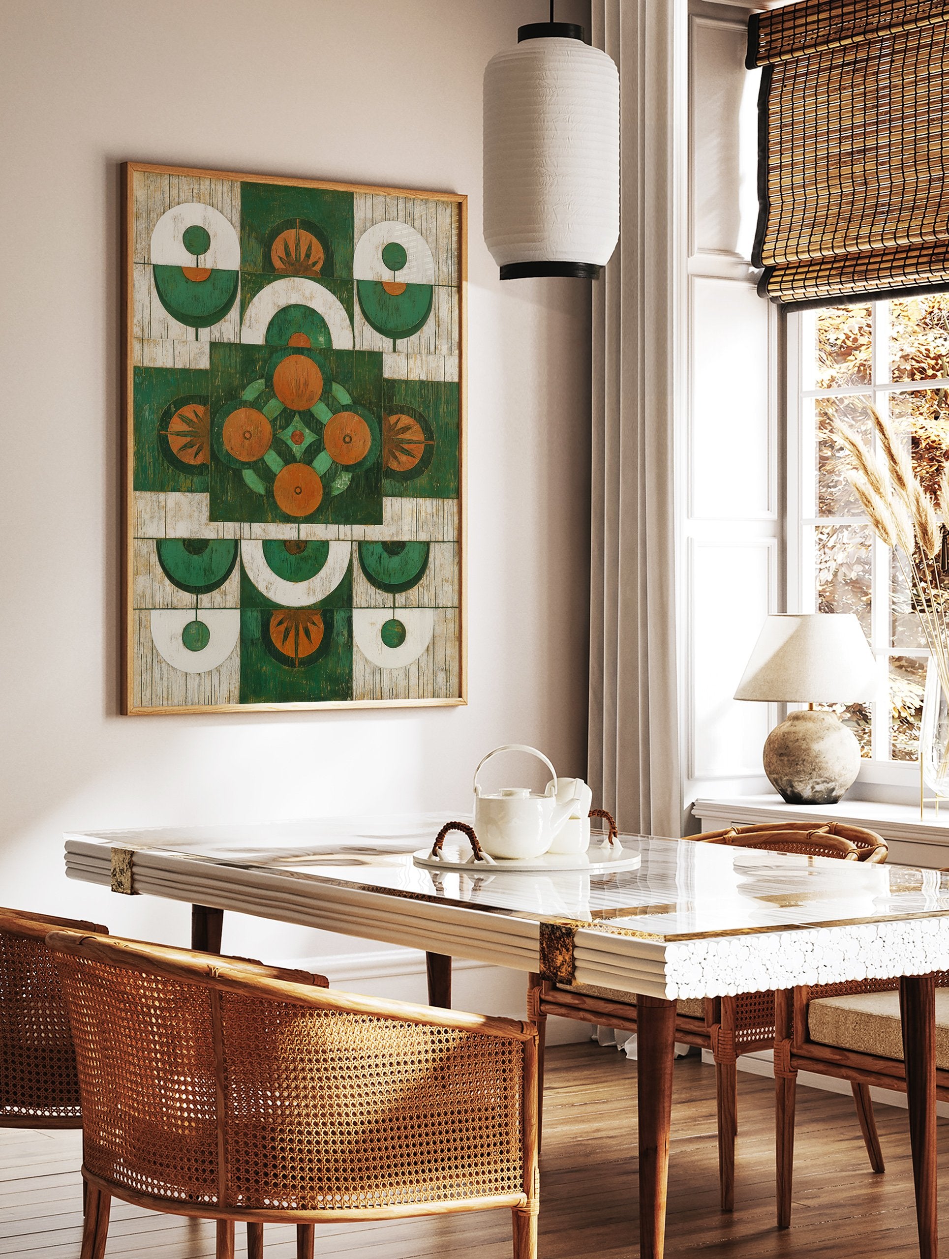 Green orange abstract wall art with a symmetrical geometric pattern and stylized botanical shapes on a distressed background. - Image 2