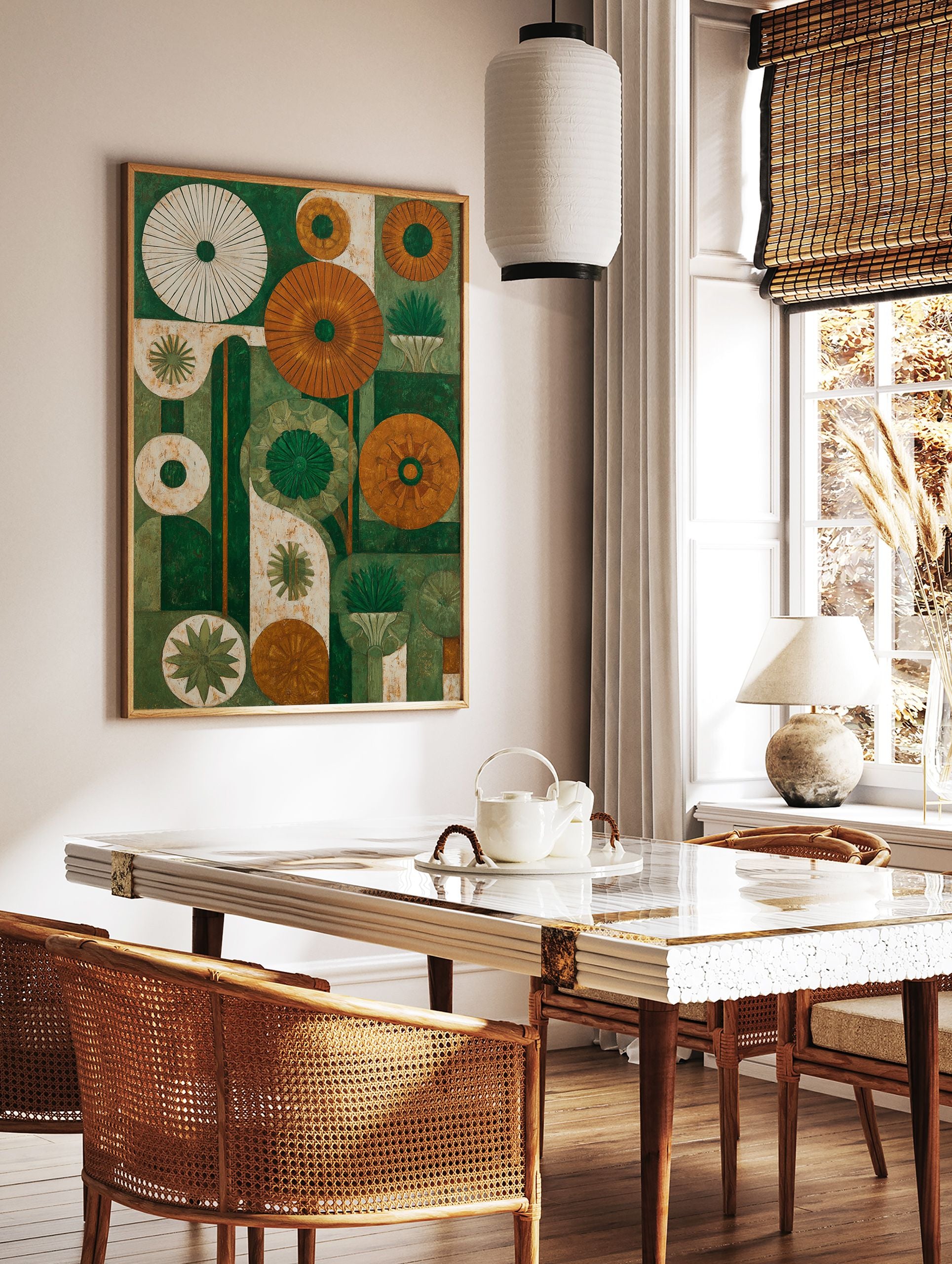Abstract green and orange botanical wall art with stylized circular flower and plant shapes on a textured background. - Image 2
