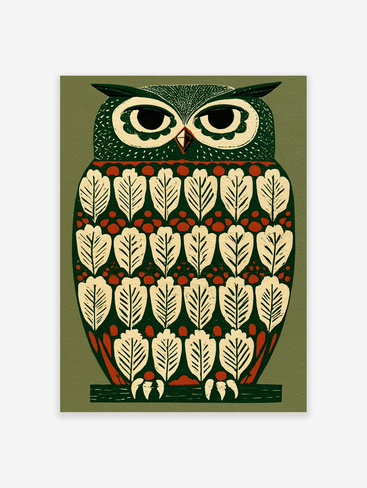 Green folk-art owl paper print with cream leaf pattern and red berry accents