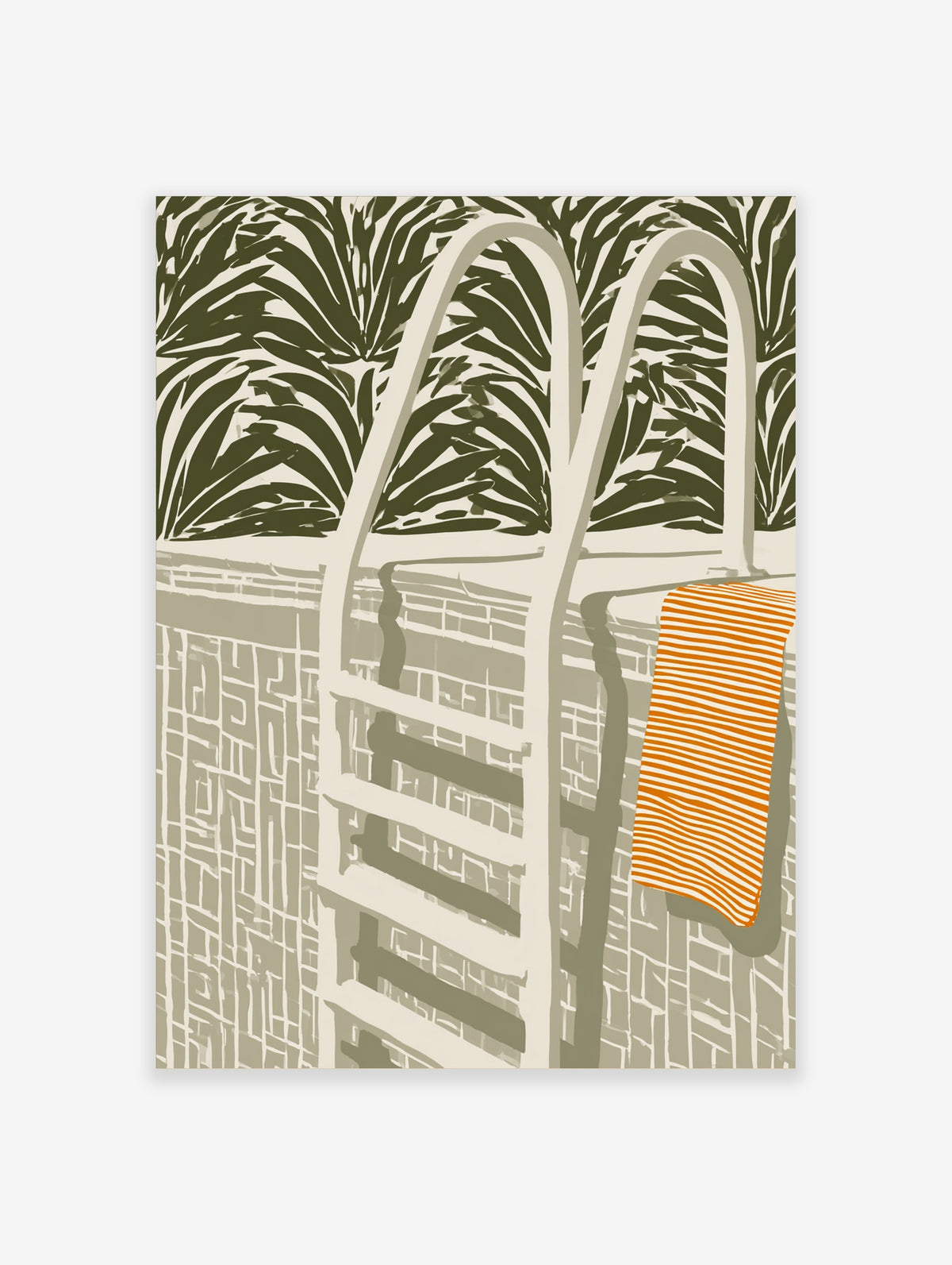 Green palm leaf pool print with white ladder, orange striped towel, and olive foliage on beige tiles