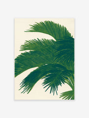 Green palm leaf botanical illustration print on a light textured background, showcasing tropical foliage wall art.