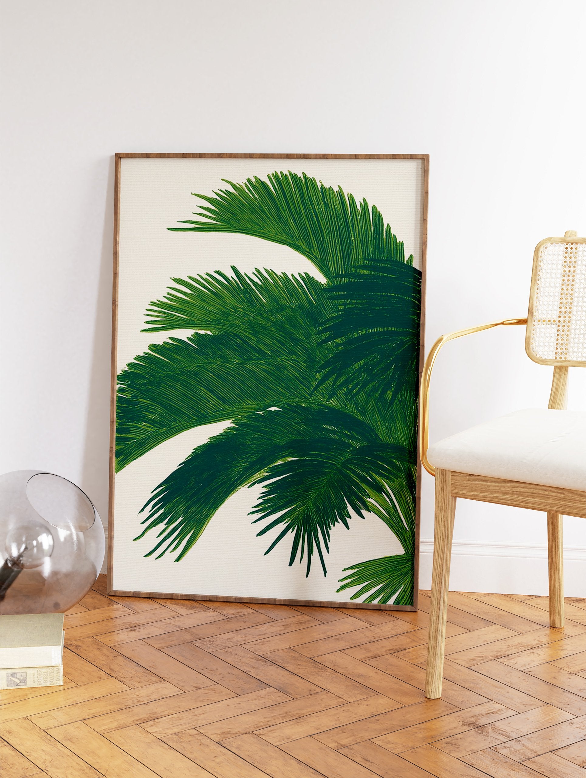 Green palm leaf botanical illustration print on a light textured background, showcasing tropical foliage wall art. - Image 2