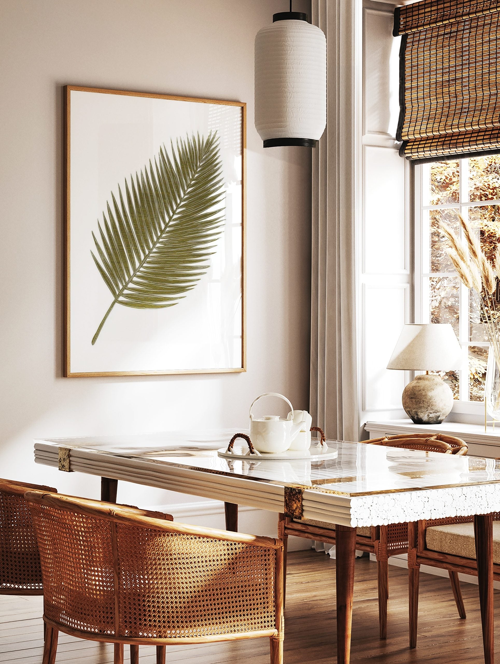 Green palm leaf botanical illustration art print with white outlines on a white background, in a styled room mockup