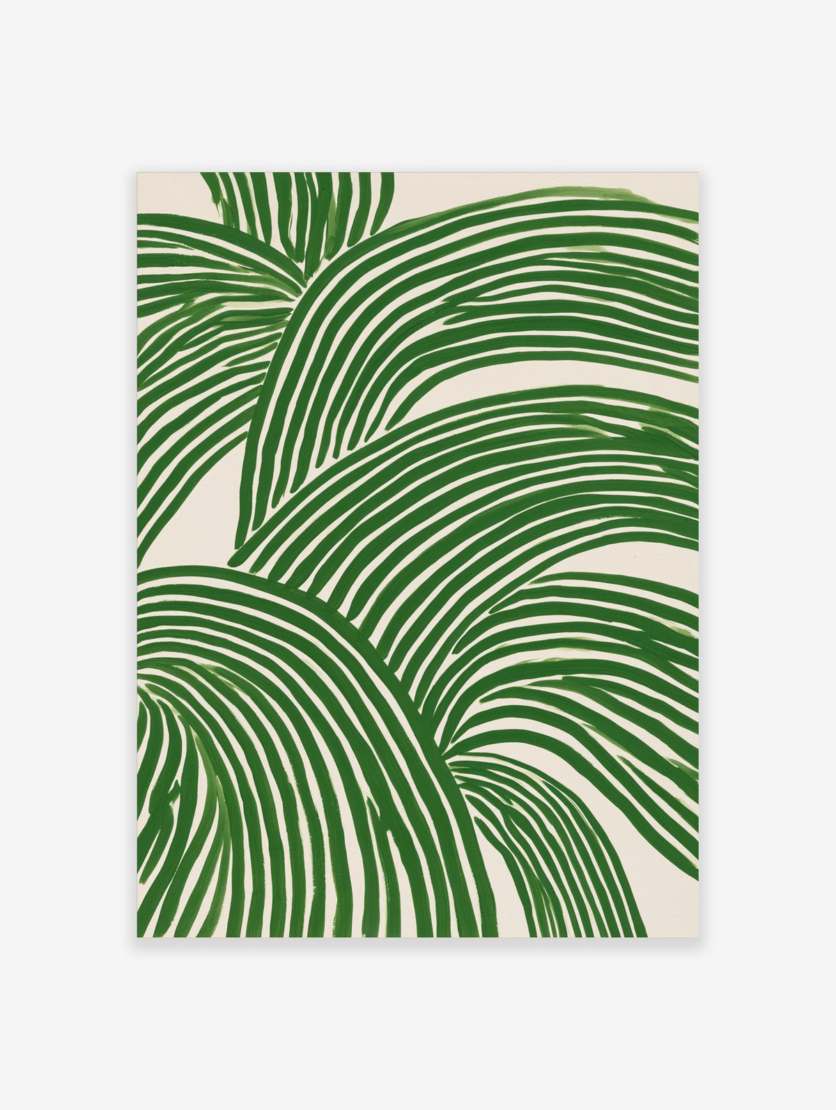 Green palm leaf art print with bold brushstroke fronds on a cream background