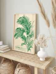 Green palm leaf botanical illustration art print with textured, hand-drawn style on a cream, in an alternate framed mockup
