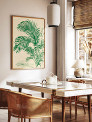 Green palm leaf botanical illustration art print with textured, hand-drawn style on a cream, in a styled room mockup