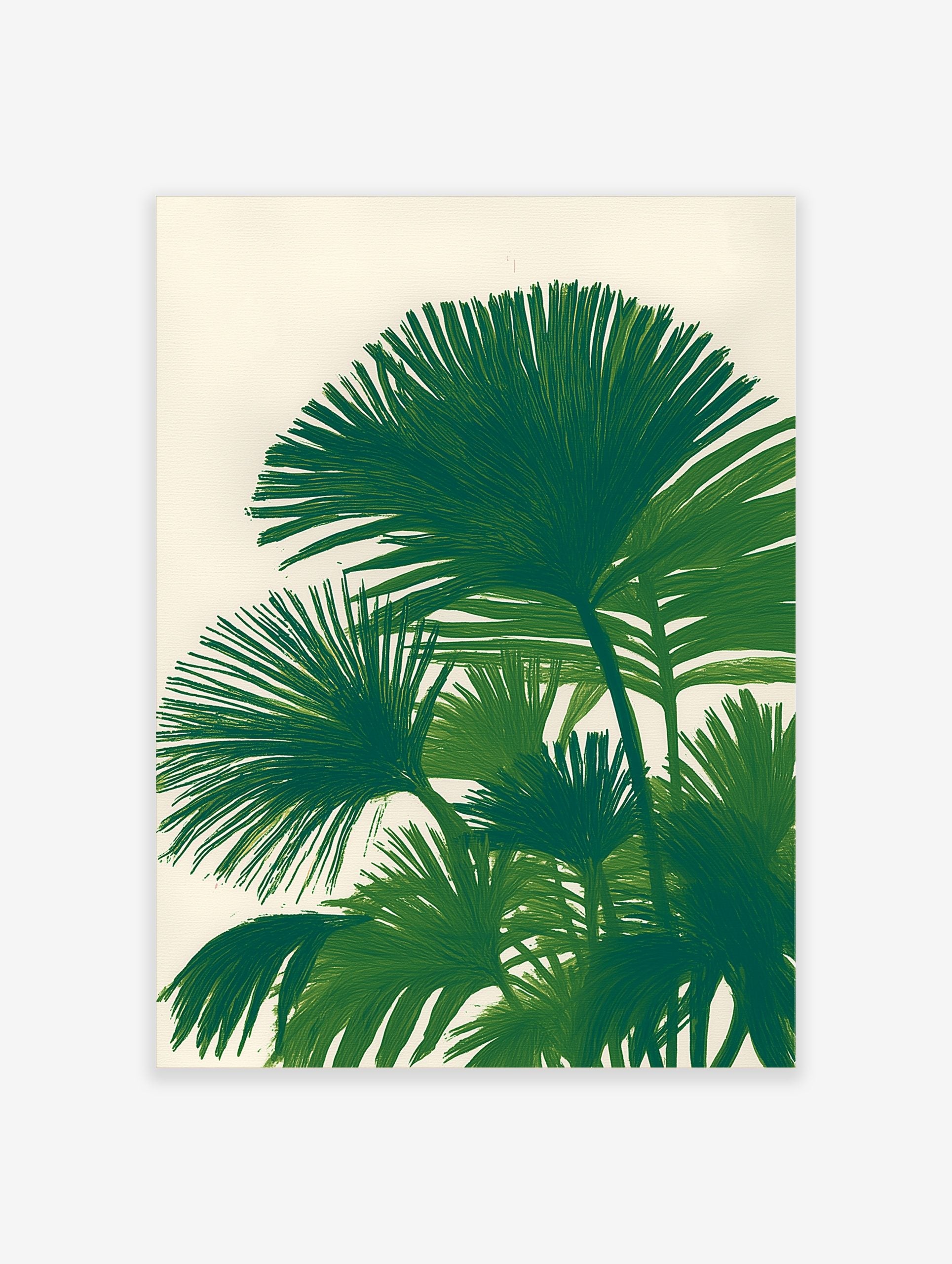 Illustrative green palm leaf botanical print on a light background, featuring fan-shaped leaves.