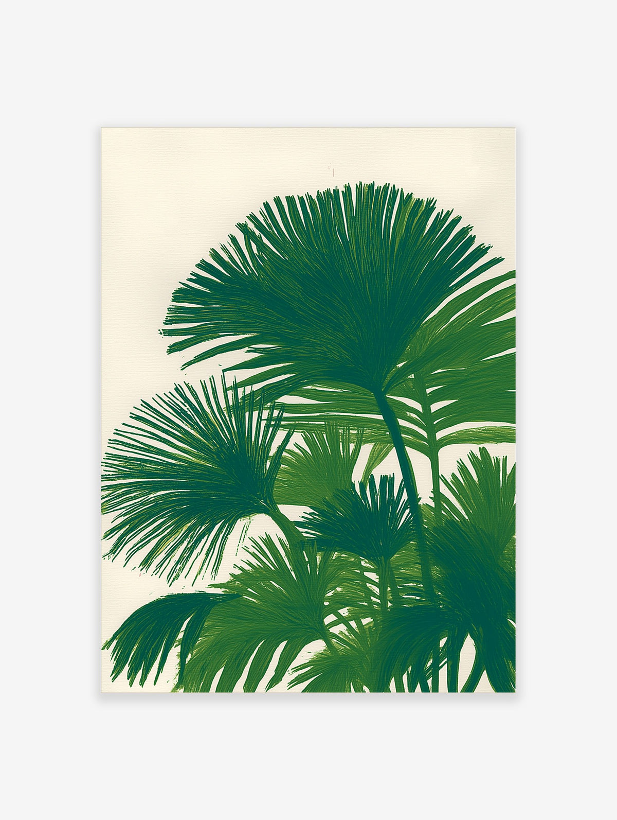 Illustrative green palm leaf botanical print on a light background, featuring fan-shaped leaves.