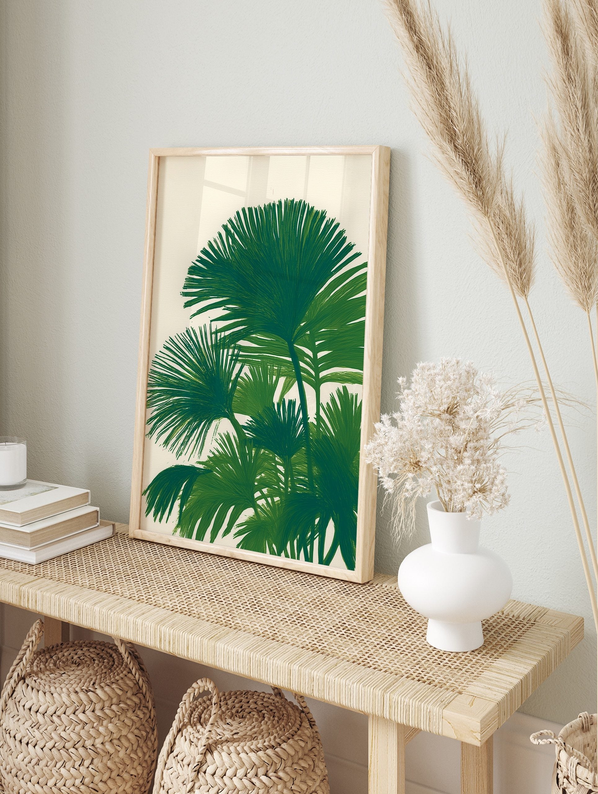 Illustrative green palm leaf botanical print on a light background, featuring fan-shaped leaves. - Image 2