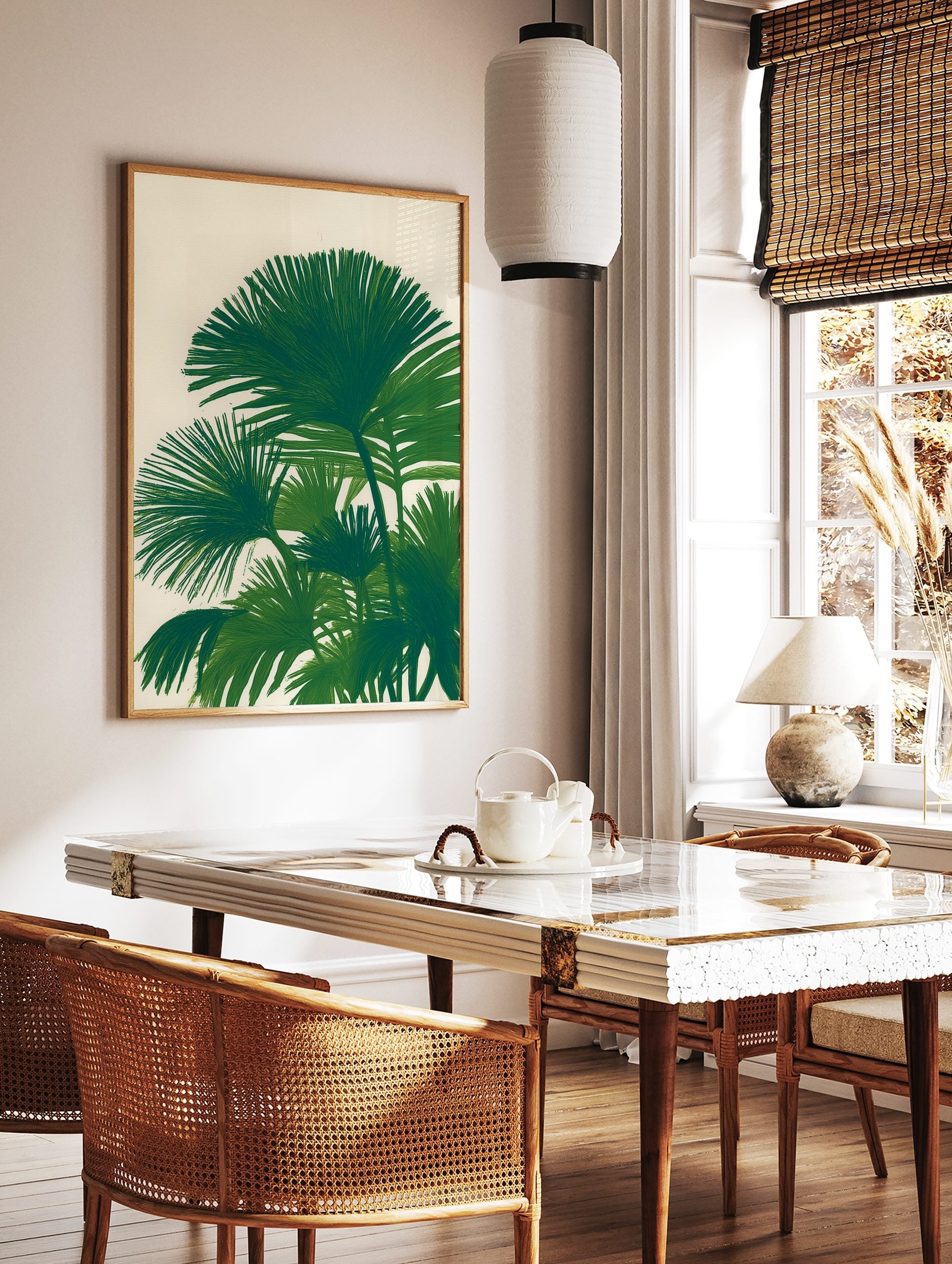 Illustrative green palm leaf botanical print on a light background, featuring fan-shaped leaves. - Image 3