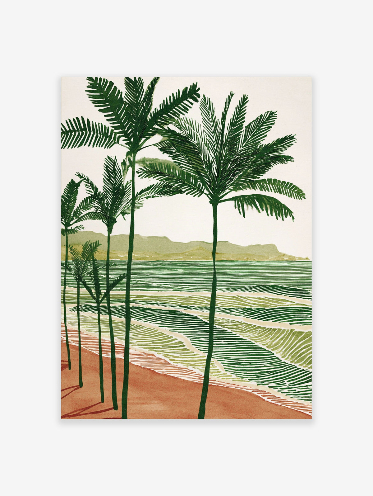 Green palm tree beach poster with stylised waves, sandy shore, and distant hills