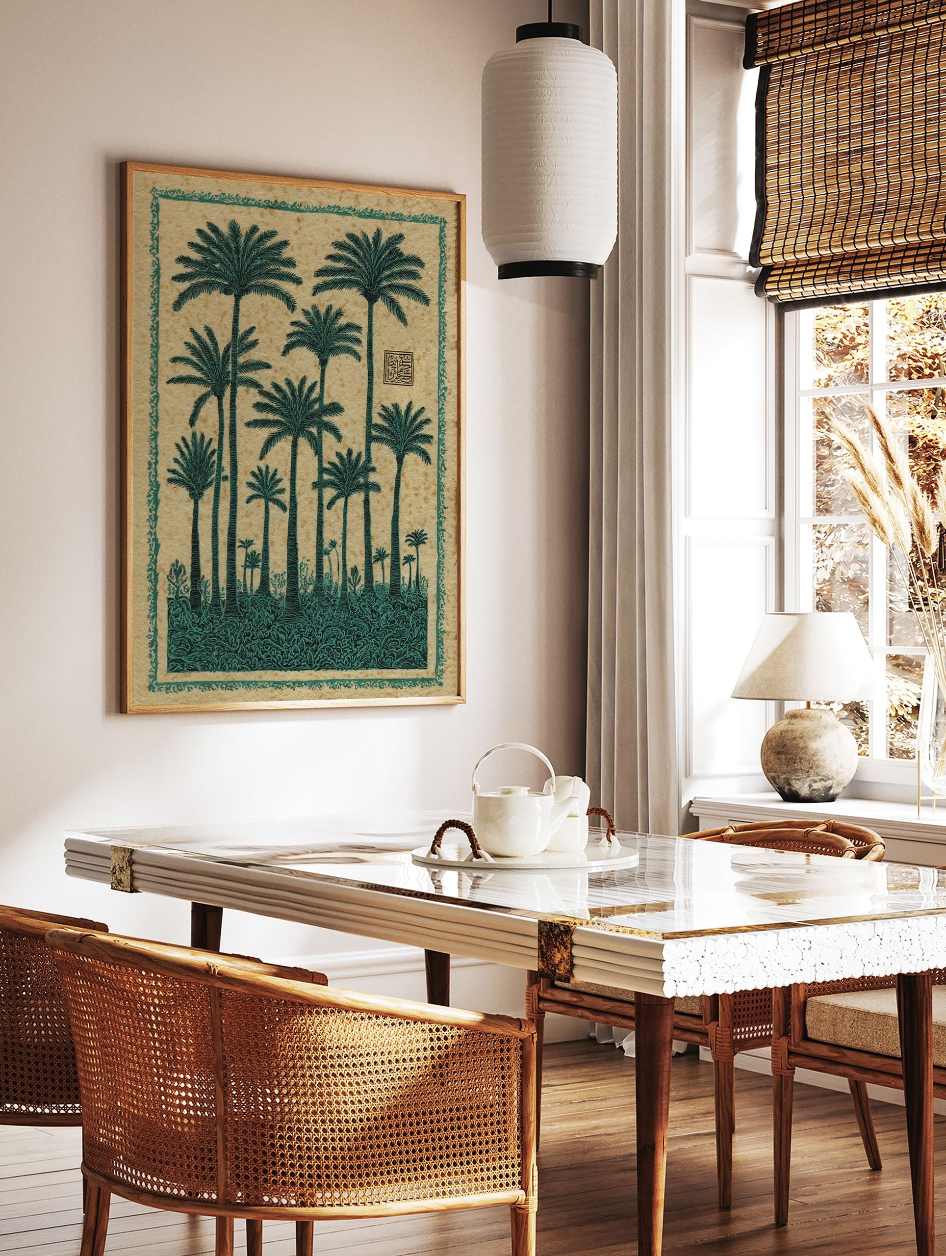Green palm tree poster with multiple trees, lush foliage, and a decorative border on a textured beige background. - Image 2