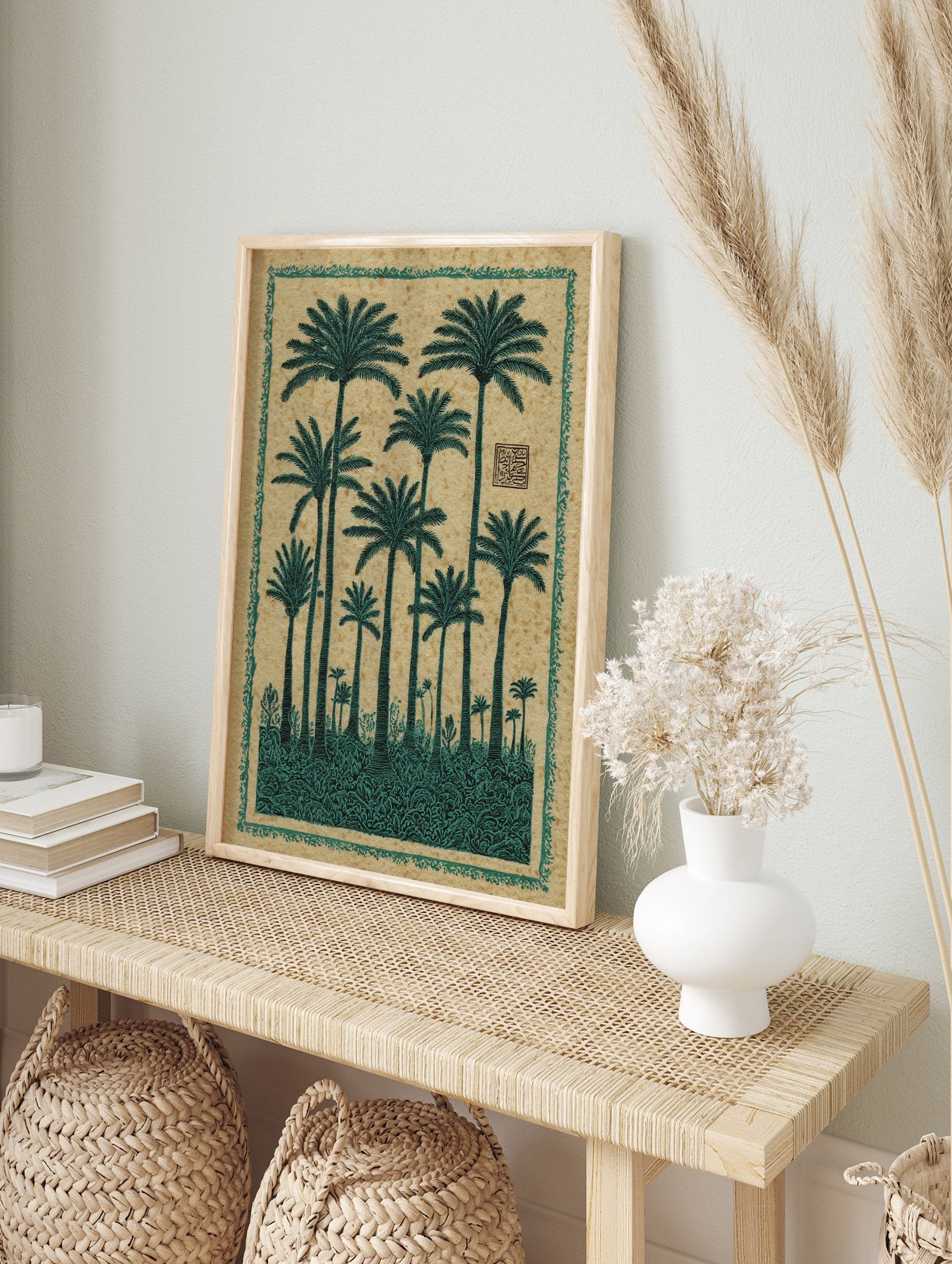 Green palm tree poster with multiple trees, lush foliage, and a decorative border on a textured beige background. - Image 4