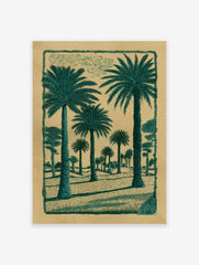 Green palm tree poster depicting a desert landscape with multiple palm trees and a decorative border on brown paper.