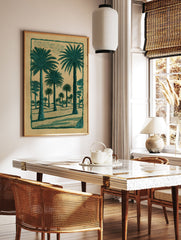Green palm tree poster depicting a desert landscape with multiple palm trees and a decorative border on brown paper. - Image 2