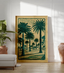 Green palm tree poster depicting a desert landscape with multiple palm trees and a decorative border on brown paper. - Image 3
