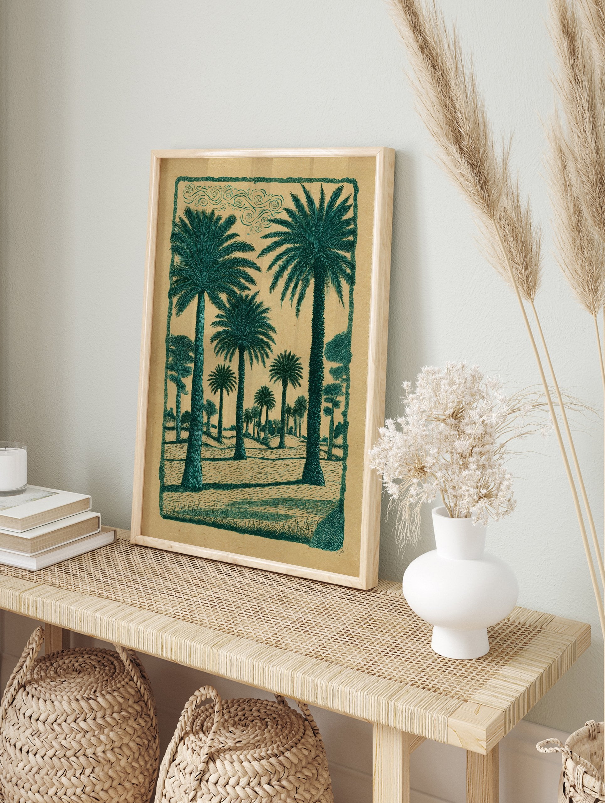 Green palm tree poster depicting a desert landscape with multiple palm trees and a decorative border on brown paper. - Image 4