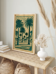 Green palm tree poster depicting a desert landscape with multiple palm trees and a decorative border on brown paper. - Image 4