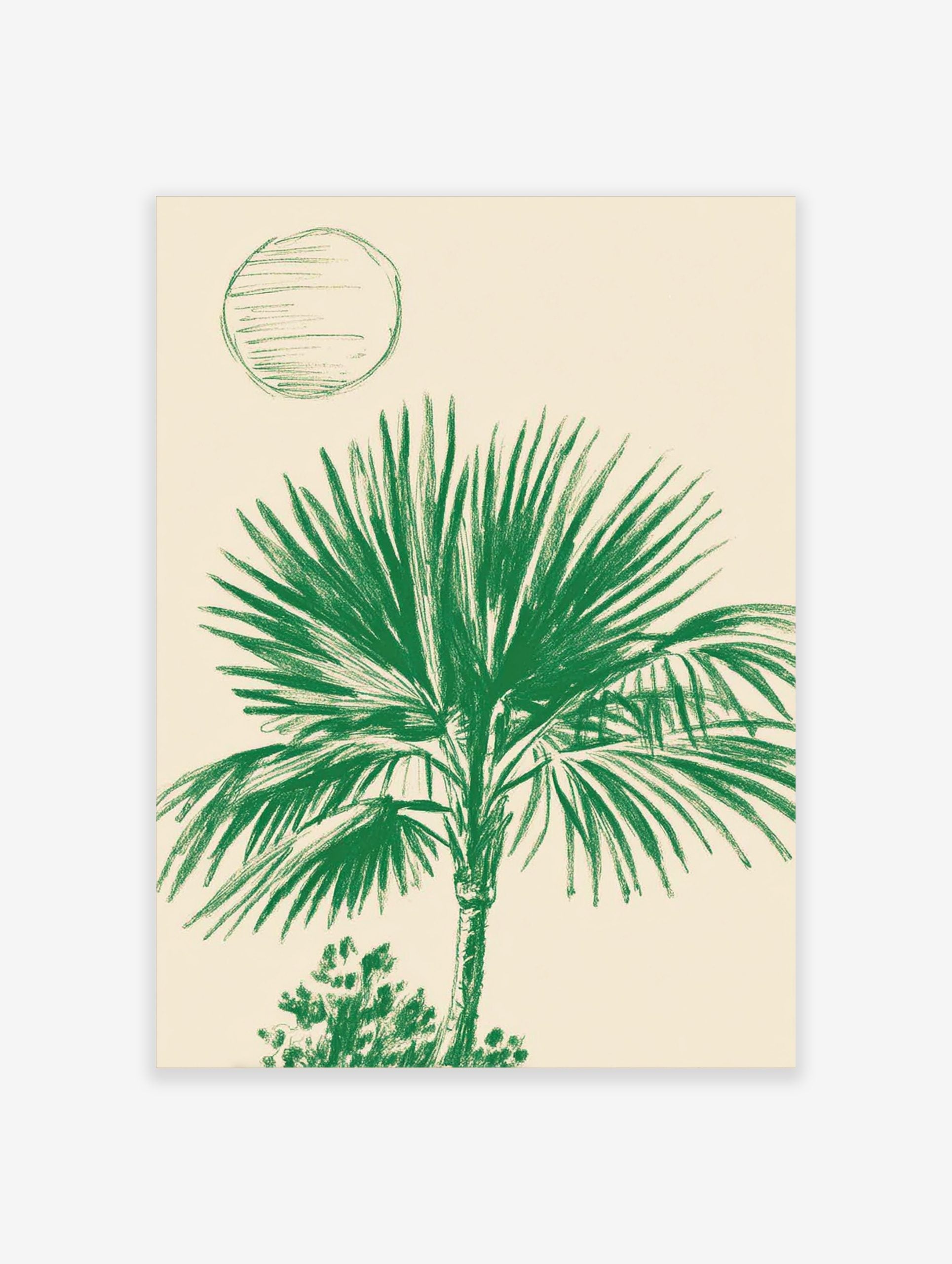 Illustrative green palm tree art print with broad fronds and an abstract circle on a light cream background
