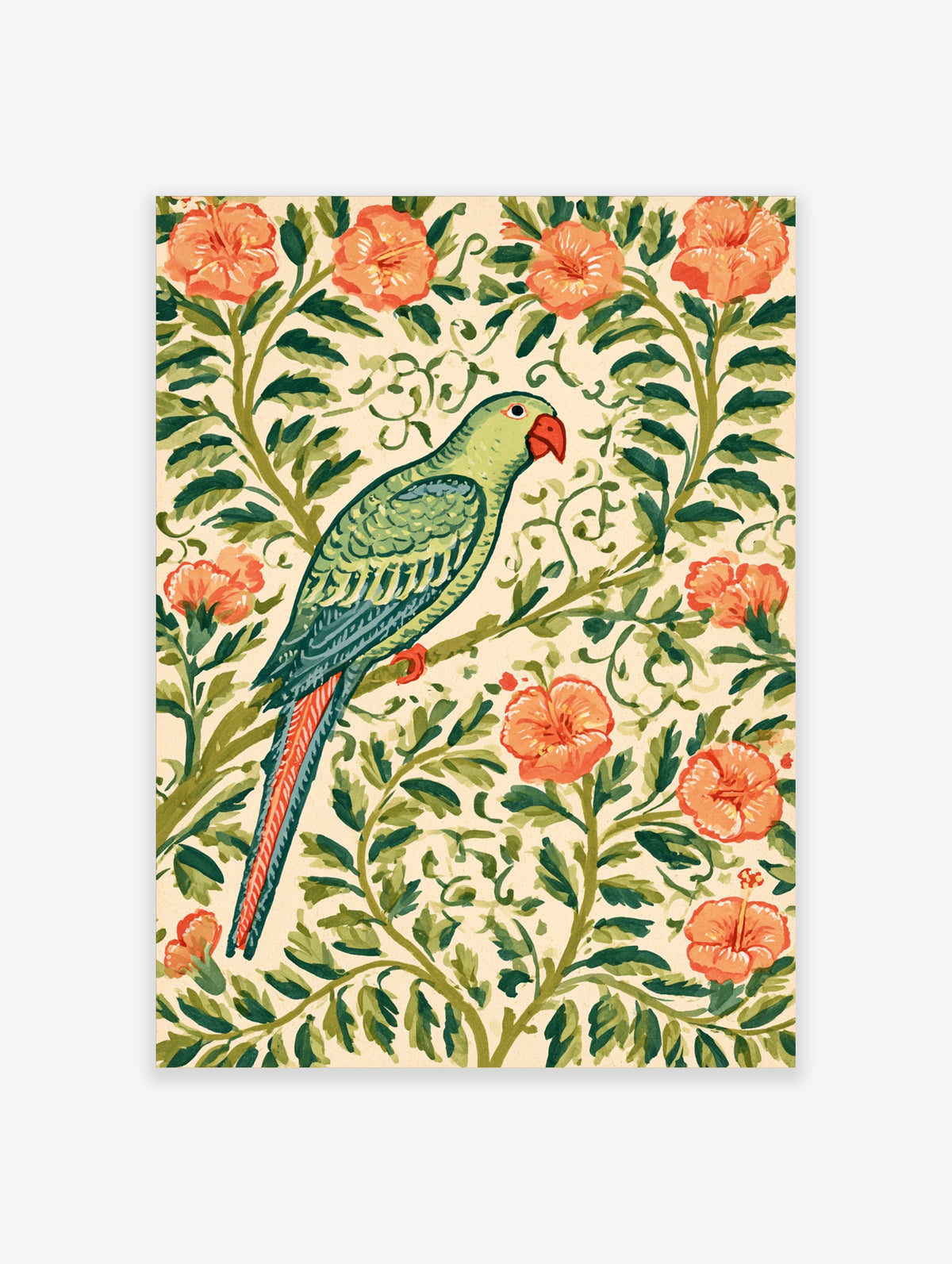 Green parrot with red beak perched among orange hibiscus flowers and green foliage on cream background