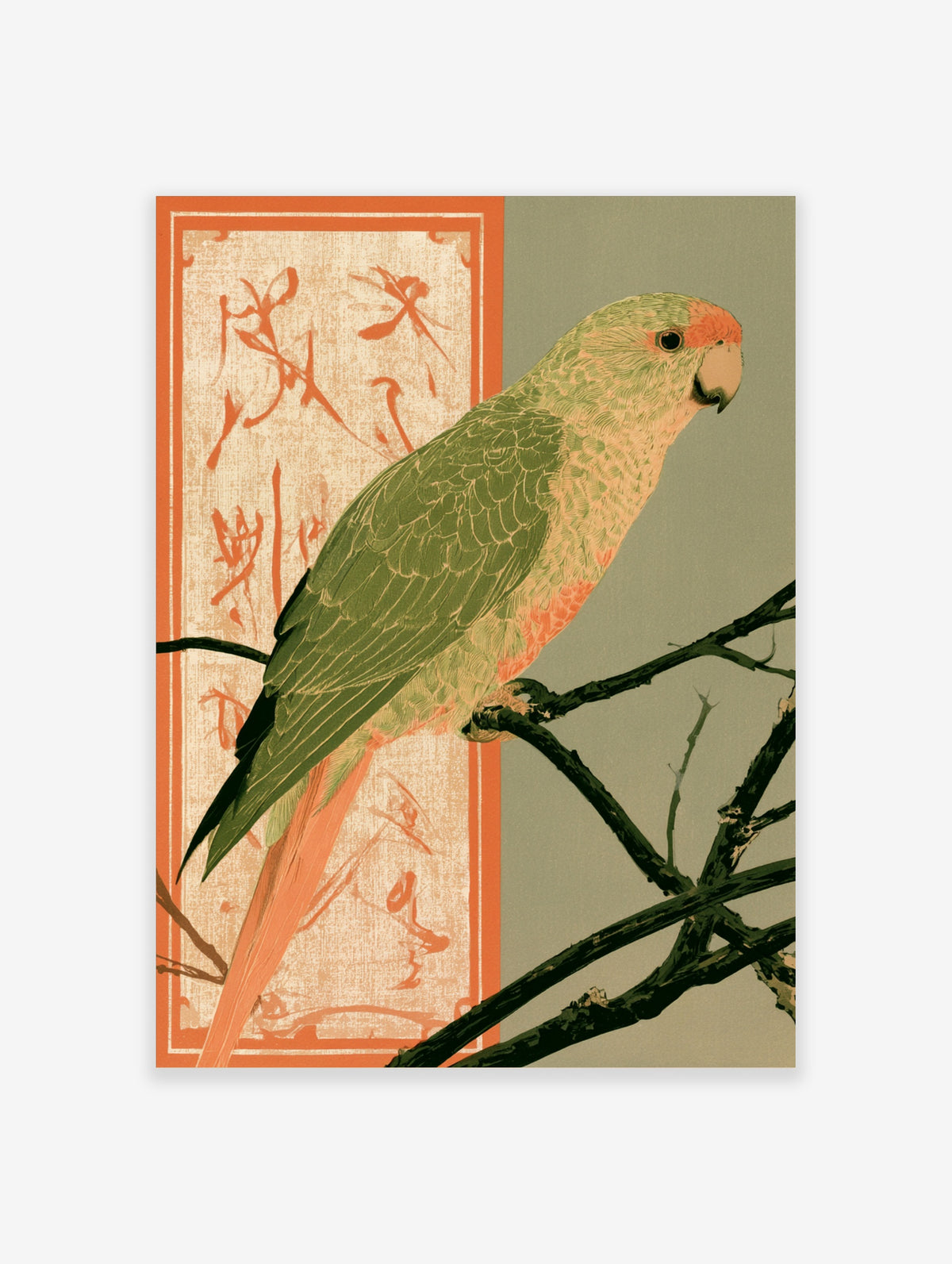 Green parrot with peach face perched on a branch beside a red panel of Japanese calligraphy, woodblock-style bird art print